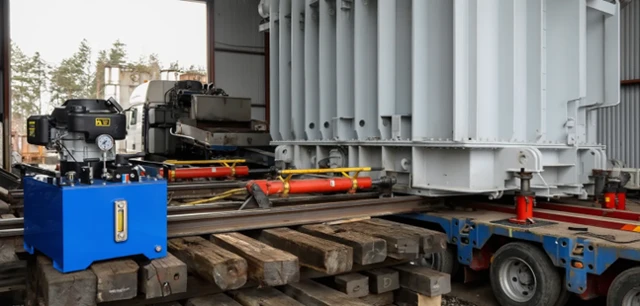 Перемещение трансформатора такелажной системой, состоящей из гидравлических толкателей, домкратов, РВД и насосной станции НБР-2,0П40-1